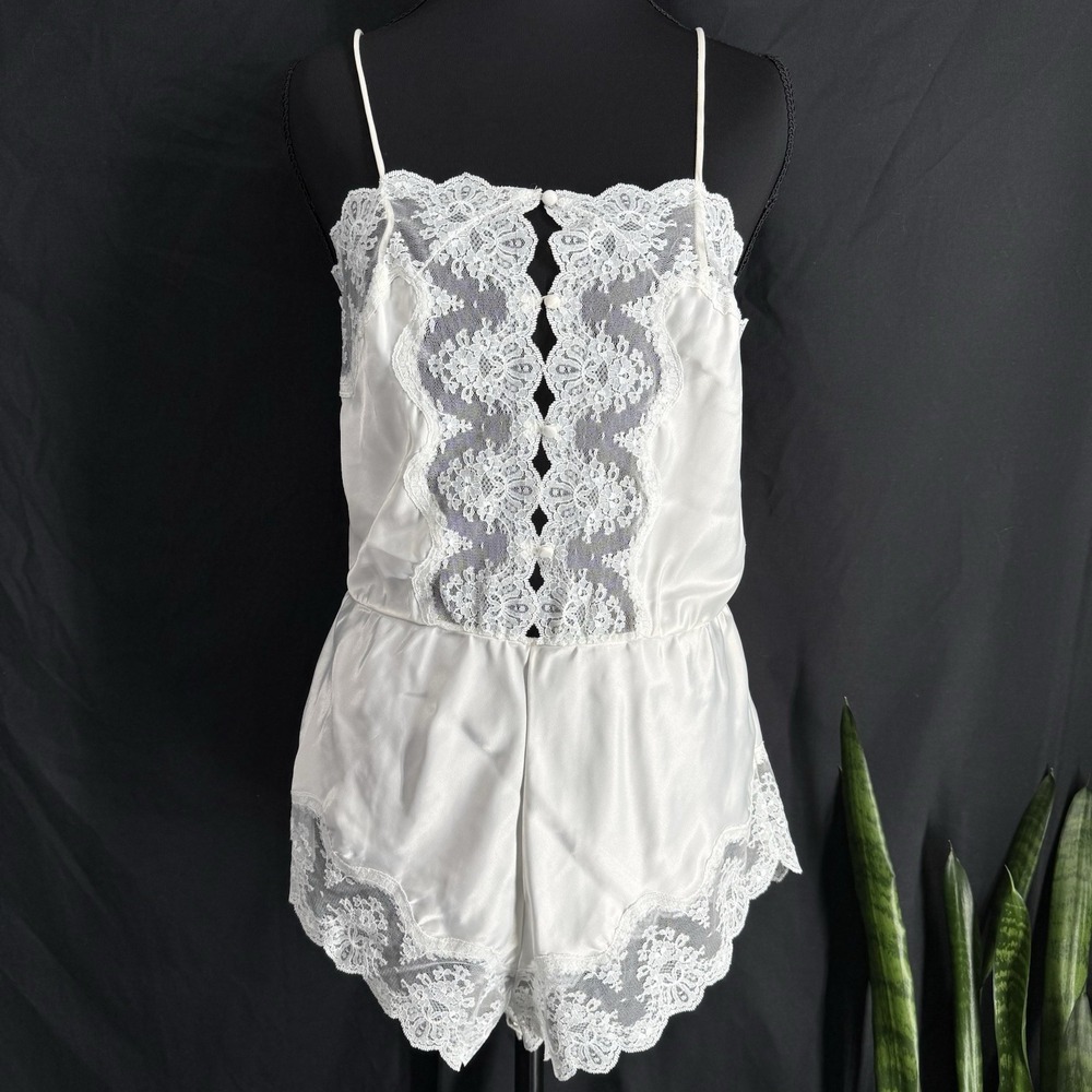 Vtg Barbizon White Lace Romper Slip S Bridal Wedding Coquette Boudoir Romantic